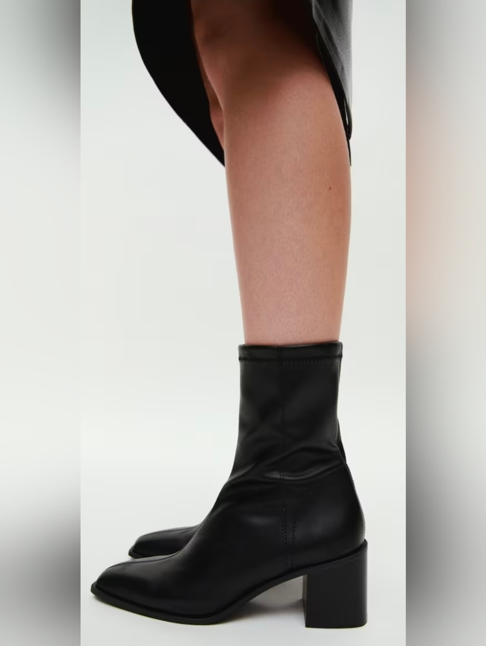 H&M Black Stretch Leather Block Heel Ankle Boots